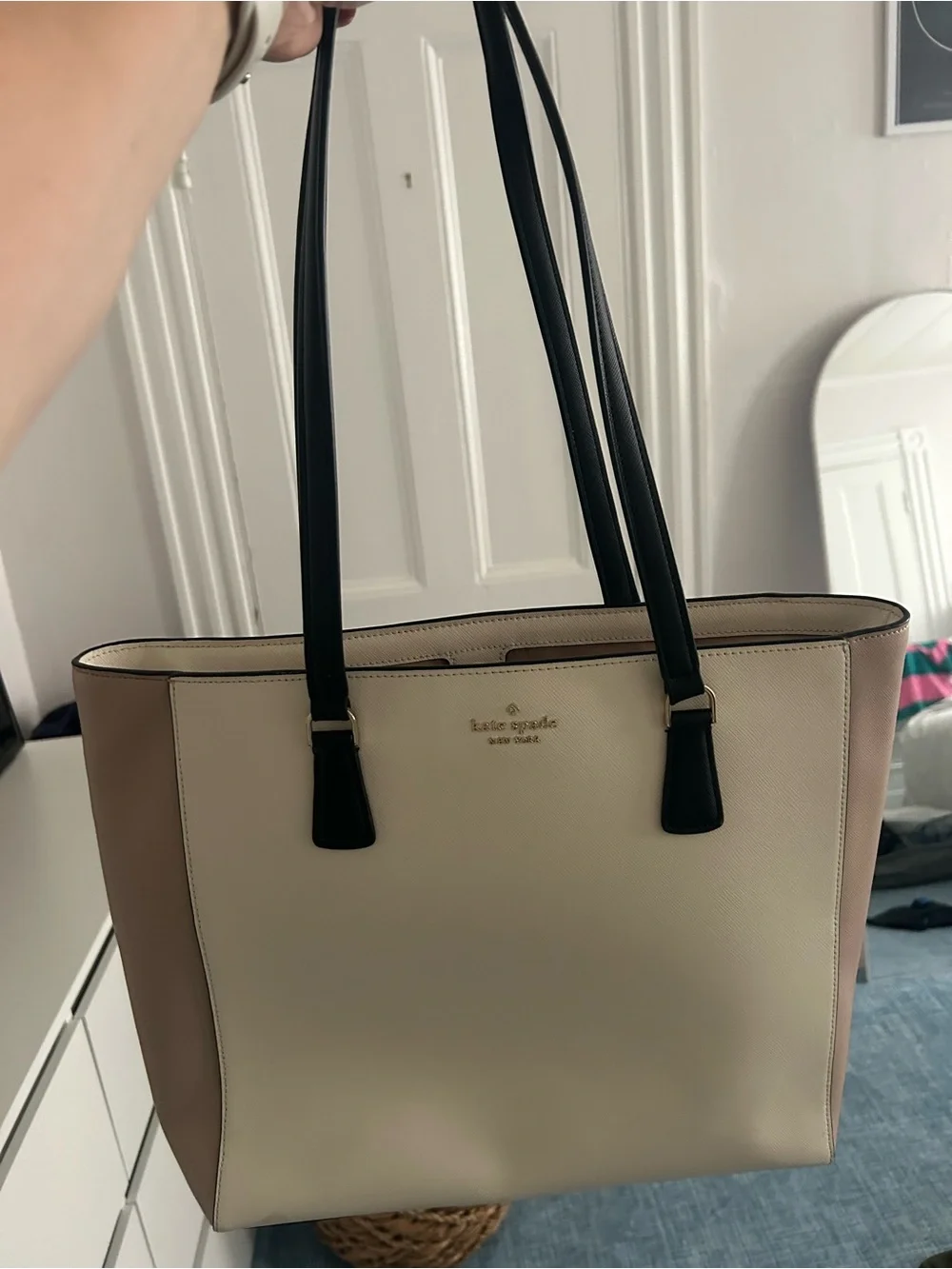 kate spade cream and blush leather tote with black straps